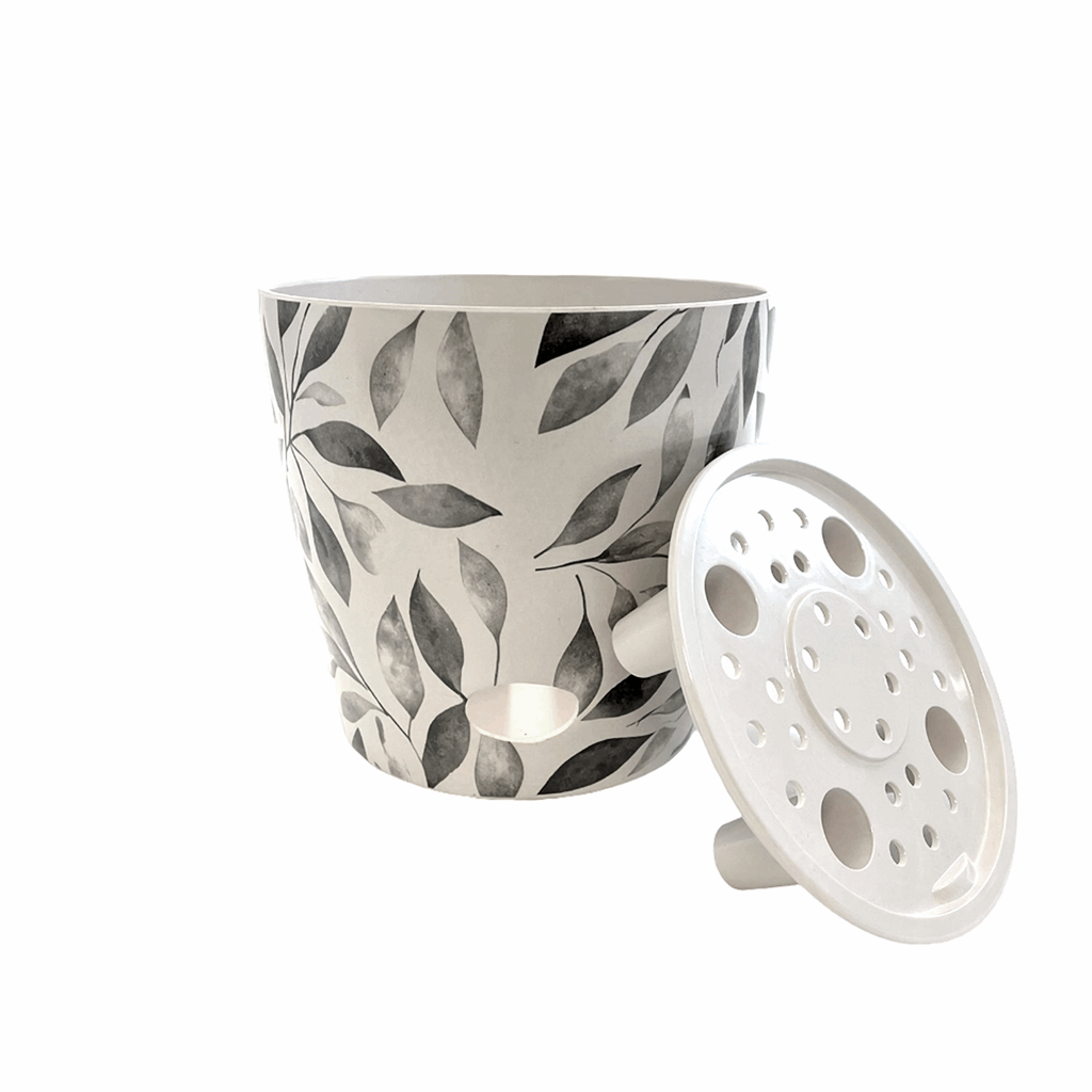 5" Gray Leaves Round Self-Watering Bamboo Pot - Image 4