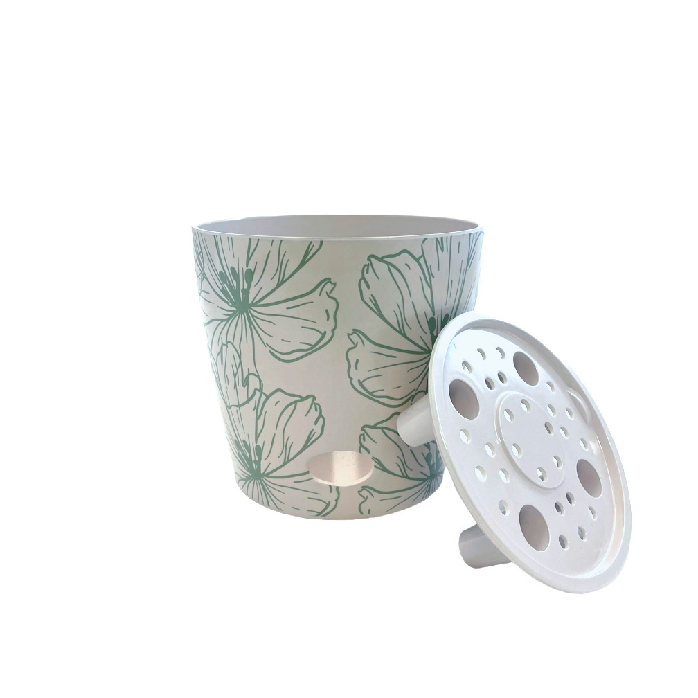 5" Green Flowers Round Self-Watering Bamboo Pot - Image 2