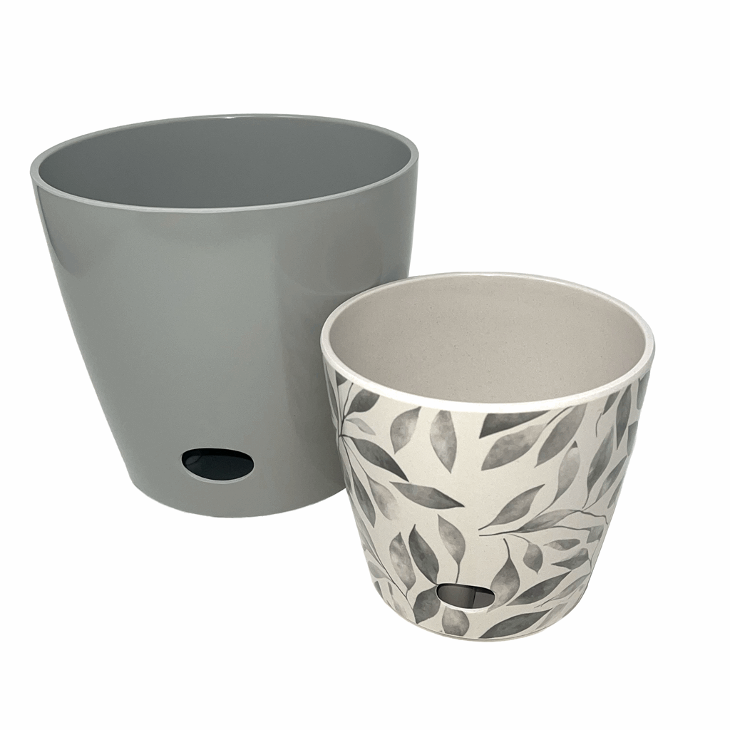 Self-Watering Plant Pot Set of 2 5" Gray Leaves & 7" Gray Solid - Image 2