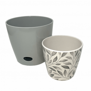 Self-Watering Plant Pot Set of 2 5" Gray Leaves & 7" Gray Solid