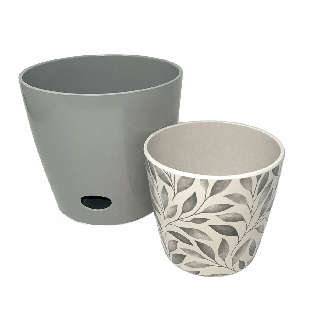 Self-Watering Plant Pot Set of 2 5" Gray Leaves & 7" Gray Solid
