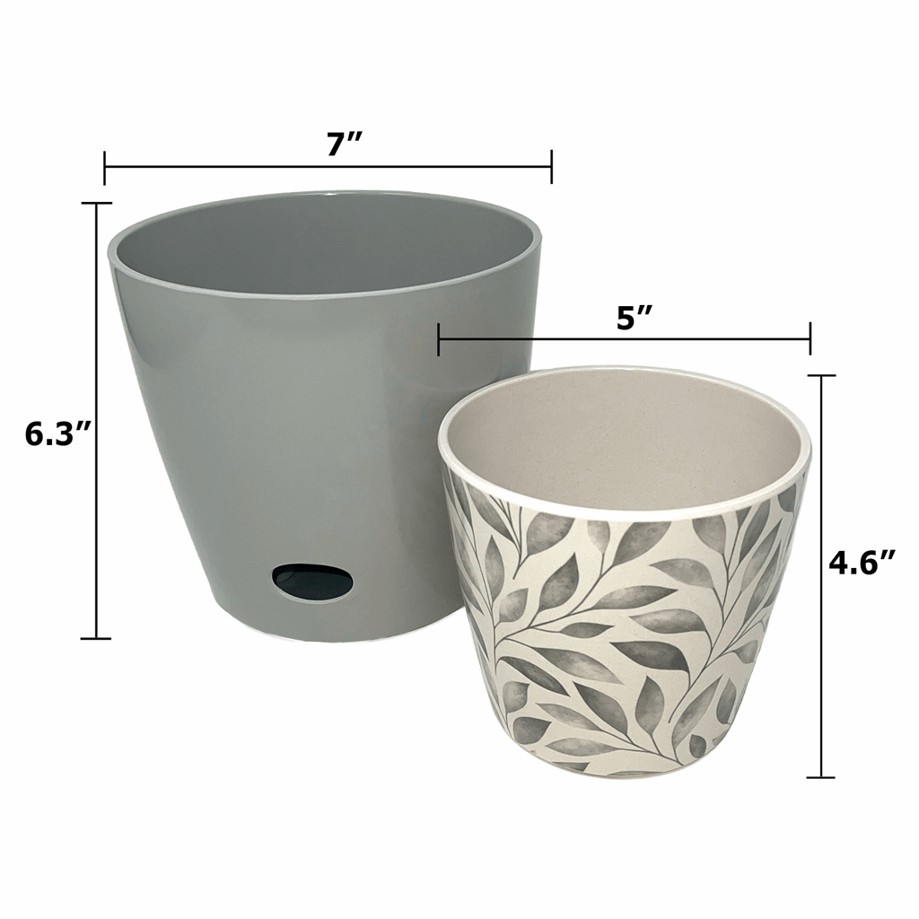 Self-Watering Plant Pot Set of 2 5" Gray Leaves & 7" Gray Solid - Image 3