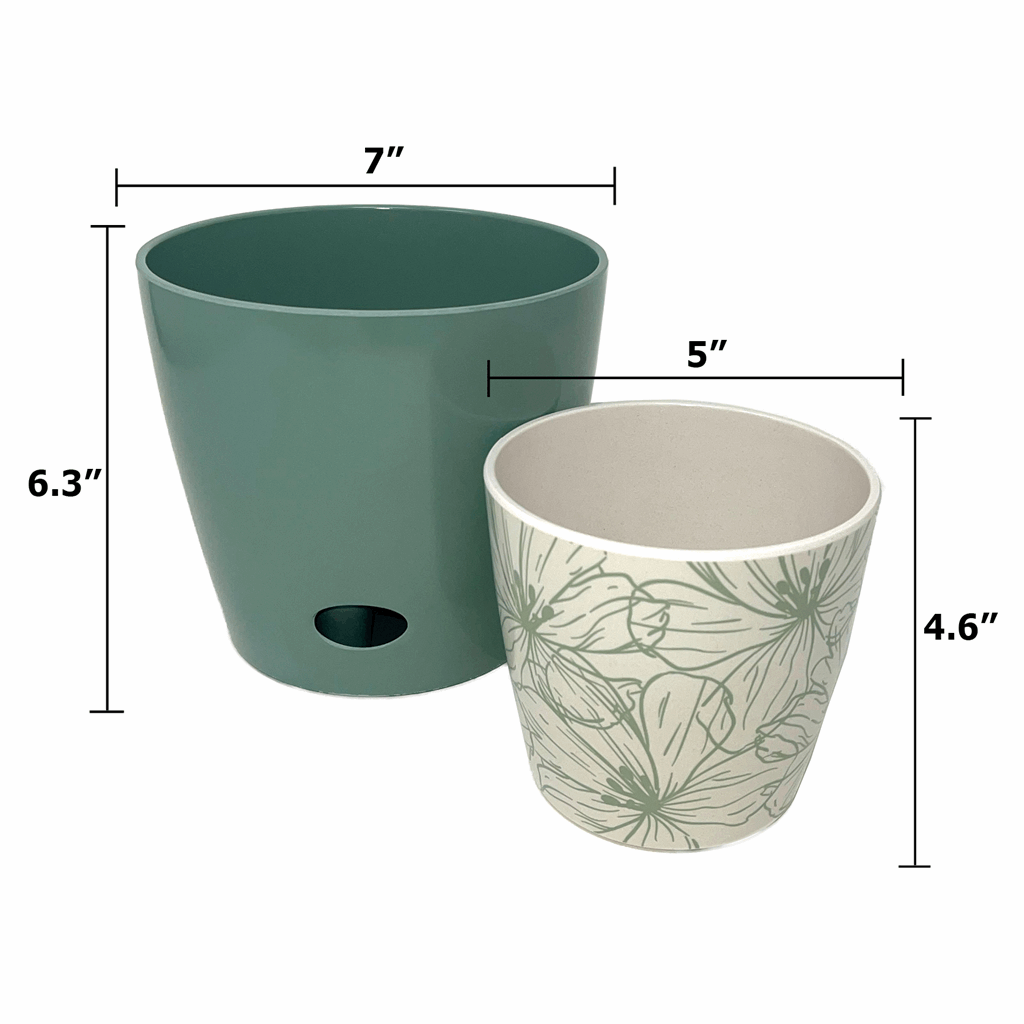 Self-Watering Plant Pot Set of 2 5" Green Flower & 7" Sage Green - Image 3