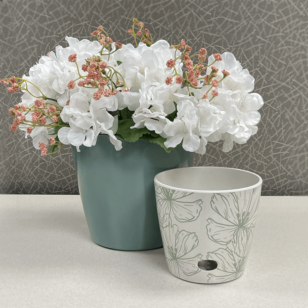 Self-Watering Plant Pot Set of 2 5" Green Flower & 7" Sage Green - Image 4