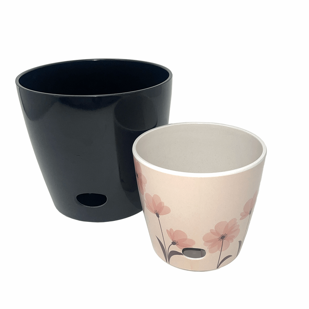 Self-Watering Plant Pot Set of 2 5" Pink Flower & 7" Black Solid - Image 2