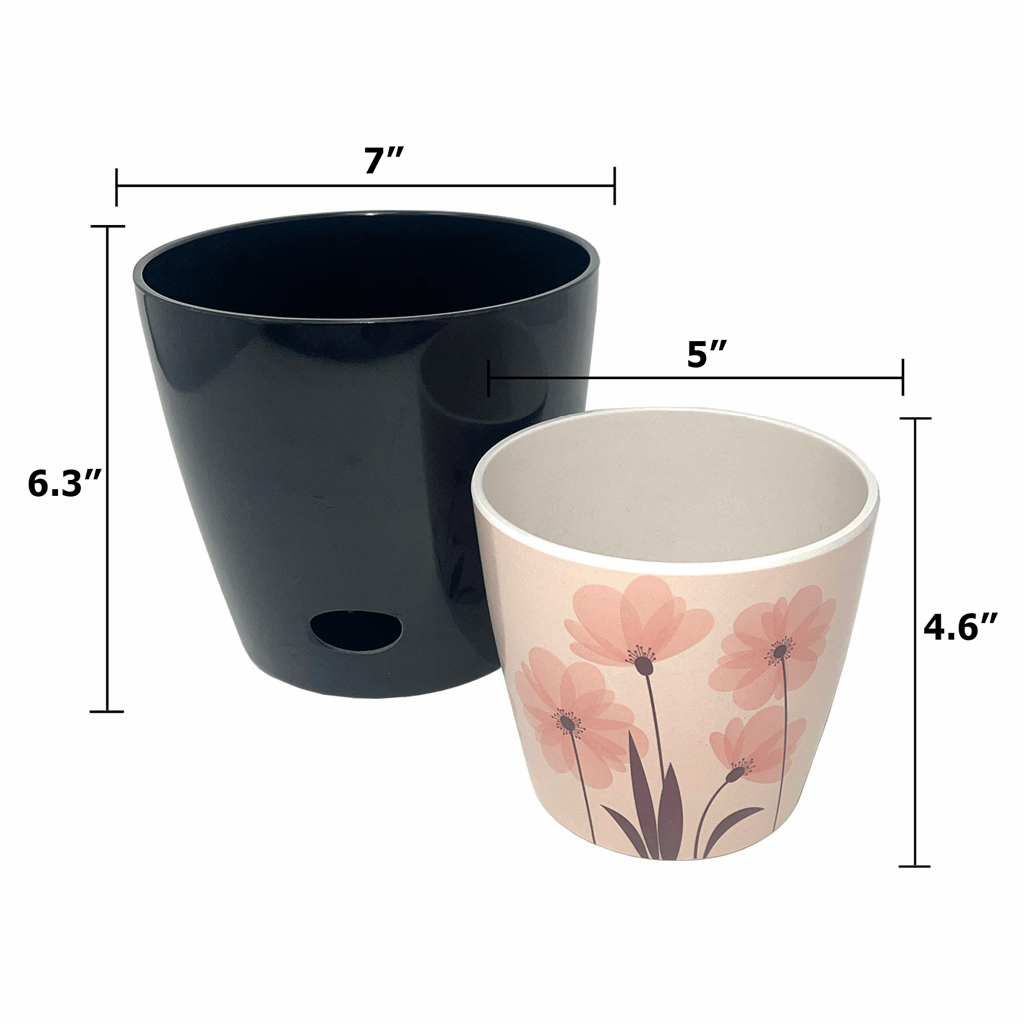 Self-Watering Plant Pot Set of 2 5" Pink Flower & 7" Black Solid - Image 3