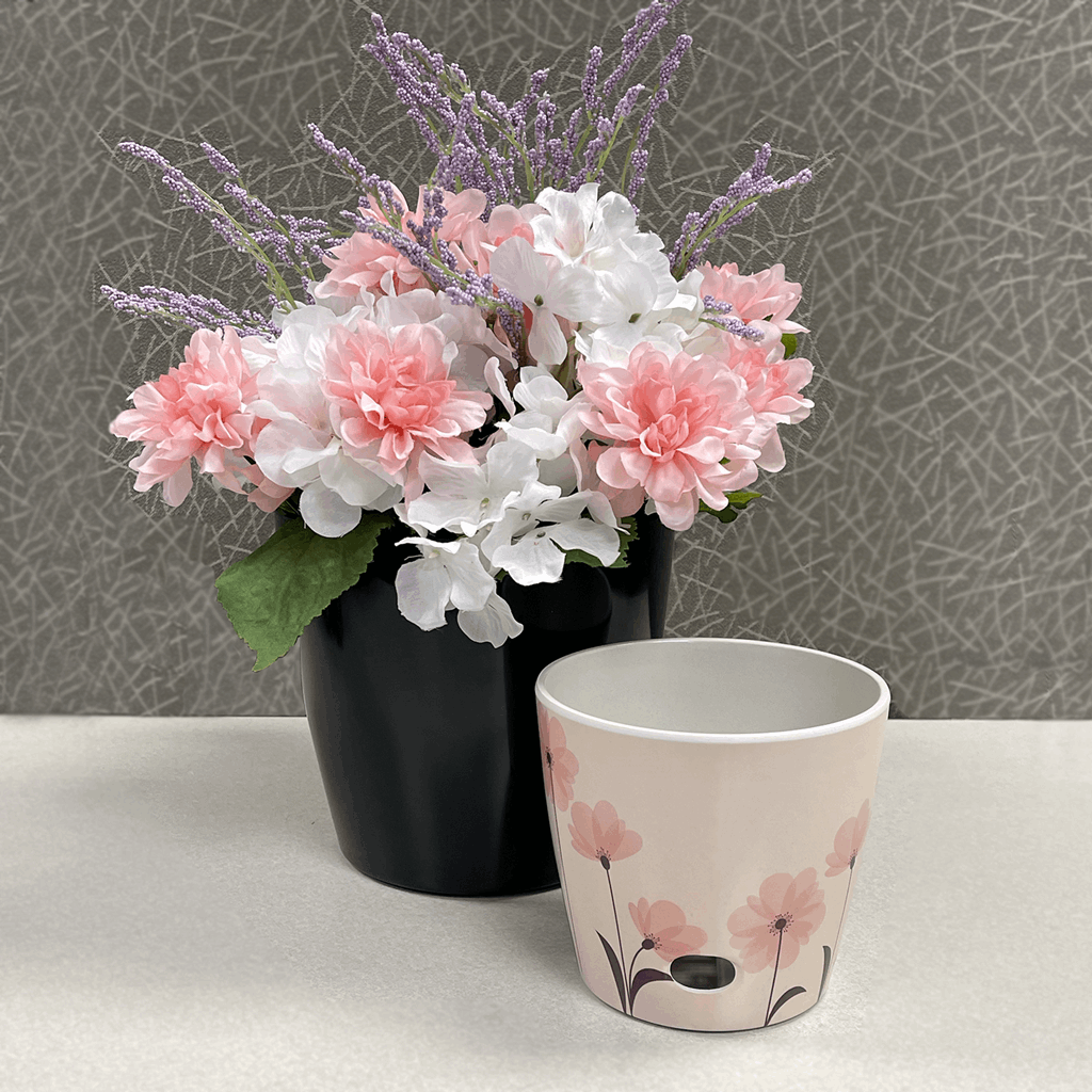 Self-Watering Plant Pot Set of 2 5" Pink Flower & 7" Black Solid - Image 4
