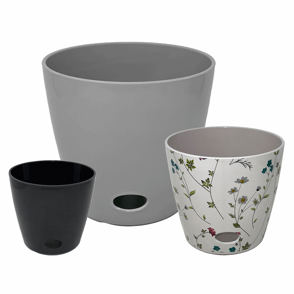 Self-Watering Plant Pot Set of 3 5" Black 7" Wildflower 10" Gray