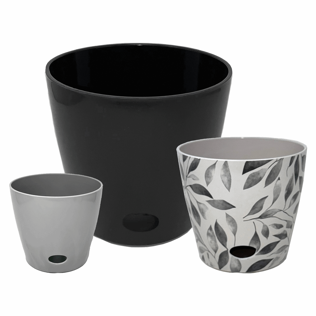 Self-Watering Plant Pot Set of 3 5" Gray 7" Gray Leaves 10" Black