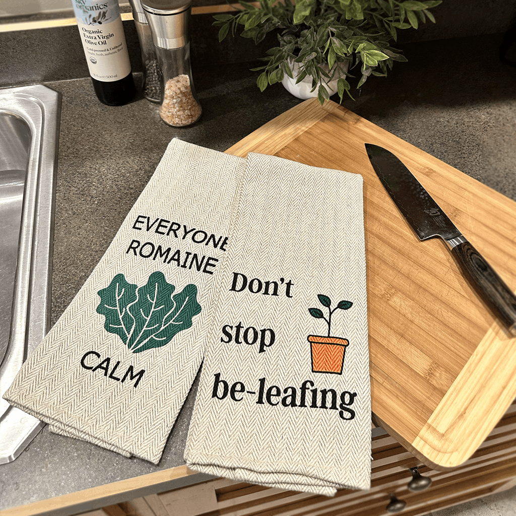Tea Towel Two Pack - Don't Stop Be-leafing and Everyone Romaine Calm - Image 2